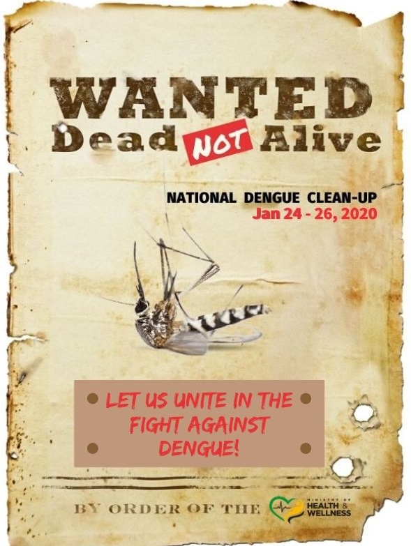 themohwgovjm's tweet photo. The warrant is out. 
Wanted Dead, Not Alive.
Join us in the fight against Dengue.National Dengue Clean-up. 
January 24 - 26, 2019.

@christufton 
#Dengue #DengueCleanUp #DengueAdvisory #EndDengue #DeadNotAlive https://t.co/H2fi7UPzzh