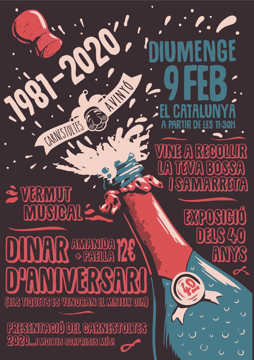carnavalavinyo's tweet photo. El diumenge 9 de febrer us convidem a celebrar els 40 anys del Carnestoltes d’Avinyó al Catalunya. A partir de les 11:30: Recollida de les samarretes i bosses, exposició dels 40 anys del Carnestoltes, vermut musical, dinar d’aniversari (tiquets el mateix dia),...Us hi esperem! https://t.co/3rbW0WdAyg