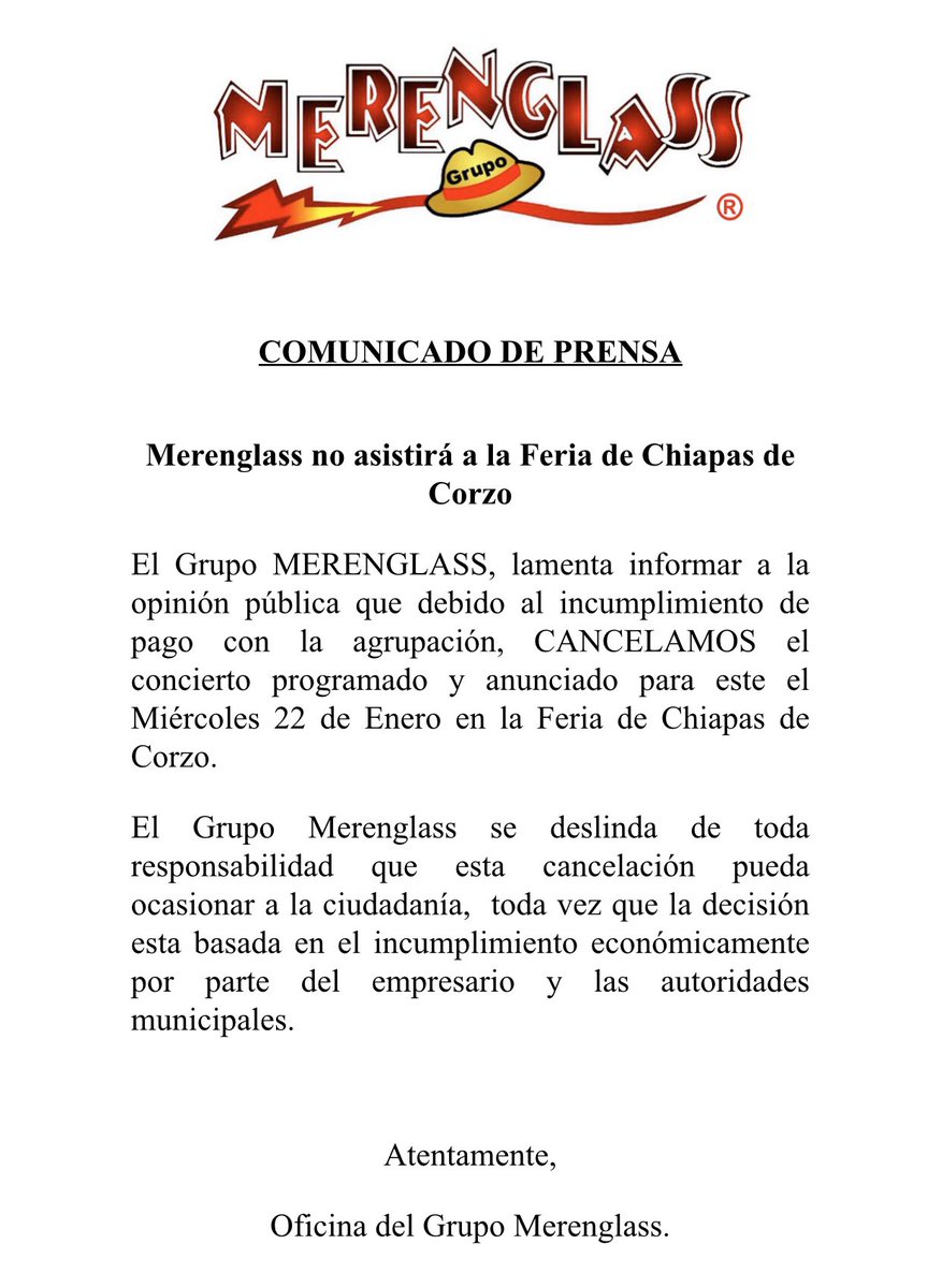 Merenglass No Asistirá a la Feria de Chiapa de Corzo @ChiapadeCorzoMX @TodoChiapas @TelevisaChiapas @FeriaChiapasAC @RadioyTvChiapas @Chiapas_Hoy @ChiapaC @PuebloMagicoCC