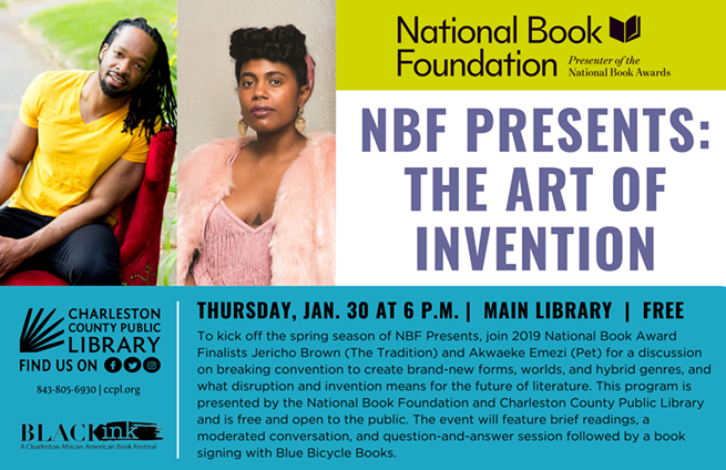 nationalbook's tweet photo. Charleston, join @jerichobrown and @azemezi for a discussion about breaking conventions, as part of #NBFPresents at @ChasCoLibrary 1/30 @ChasCityPaper  https://t.co/oMzpt6LwbH https://t.co/7bbVgBRall