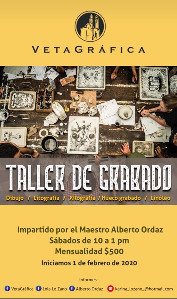 El Taller VetaGrande Invita al Taller de Grabado para conocer y aprender de las técnicas de Linóleo, Dibujo, Litografía, Xilografía y Hueco Grabado bajo la dirección del artista visual <a href="/alberto_ordaz/">Alberto Ordaz</a>  #Entérate