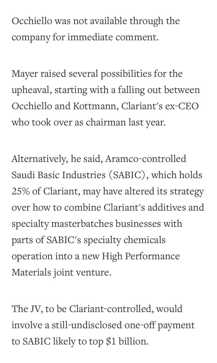 Clariant CEO exits abruptly, renewing turmoil at Swiss group/Aramco-controlled Saudi Basic Industries (SABIC), which holds 25% of Clariant  https://mobile.reuters.com/article/amp/idUSKCN1UJ0FO