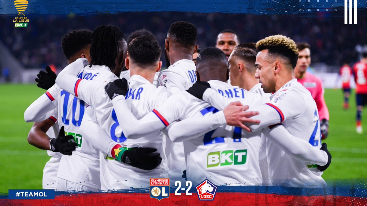 OL's tweet photo. ON EST EN FINALE ! 🔥🔥🔥🔥

Après 6 ans d’absence, la #TeamOL retrouve le Stade de France avec cette qualification pour la finale de la @CoupeLigueBKT ! #OLLOSC 

La #TeamOL s'impose 2 à 2 aux tirs au but (4 à 3) ! 

Rendez-vous le 4 avril prochain les Gones ! 🔴🔵 https://t.co/e37hf3qvS8