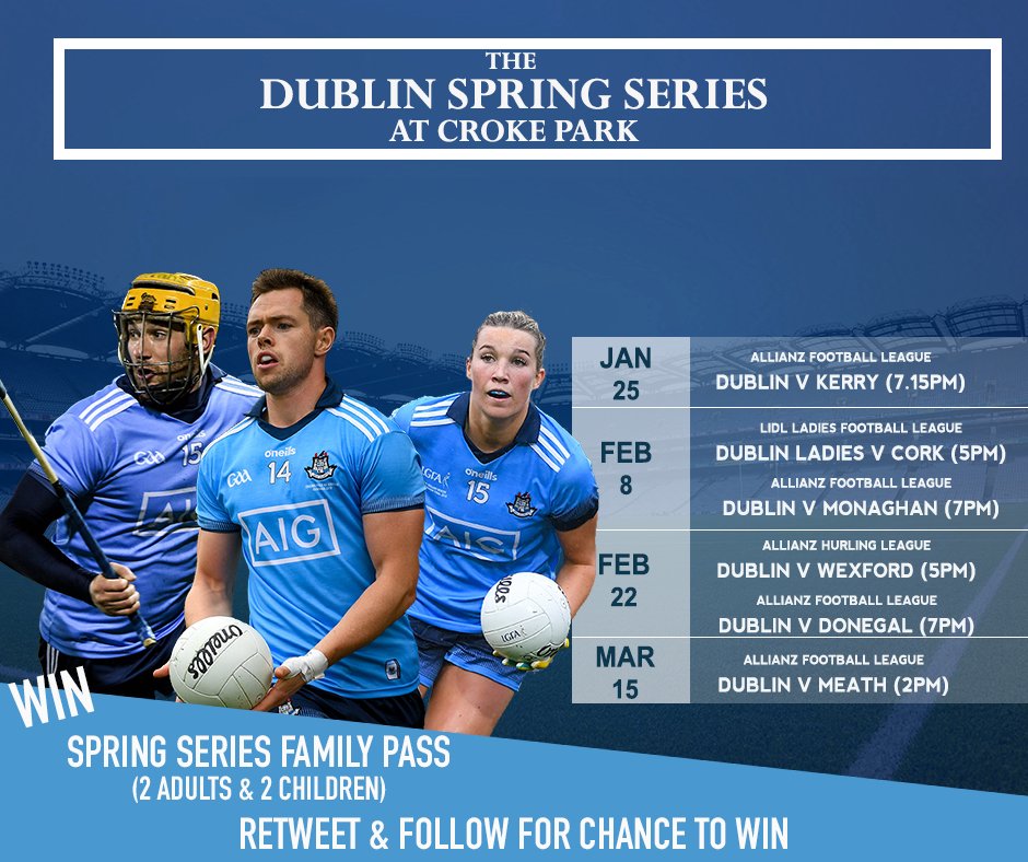 DubGAAOfficial's tweet photo. The Dublin Spring Series at Croke Park gets underway this Saturday evening against Kerry 👕

We're giving away a family pass for all four dates 🙌

Simply RT &amp; Follow for the chance to win! 

#UpTheDubs https://t.co/e4h9Uy9Um4