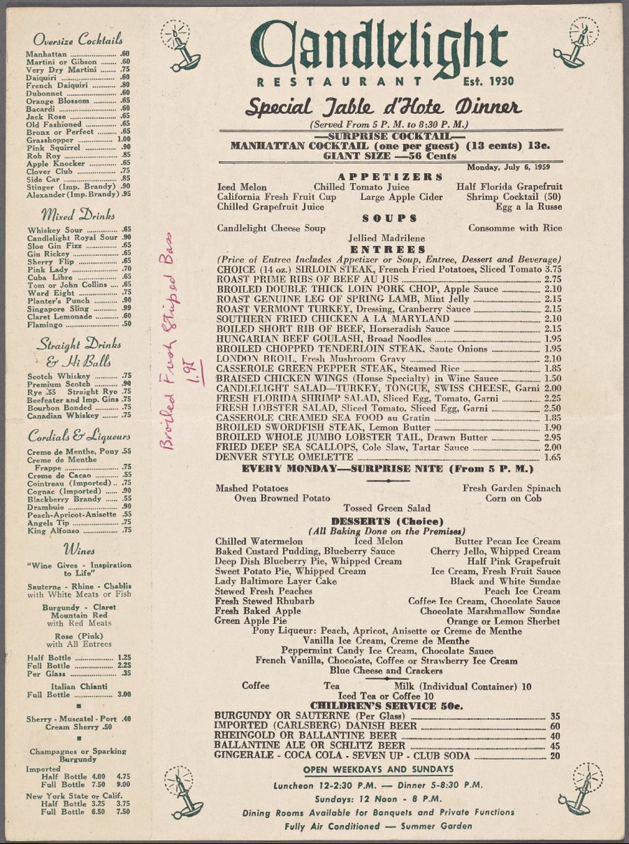 color image of a menu for the Candlelight Restaurant (est 1930). Offerings include casserole creamed sea food ($1.85), roast vermont turkey ($2.15) and the Pink Squirrel ($0.90).