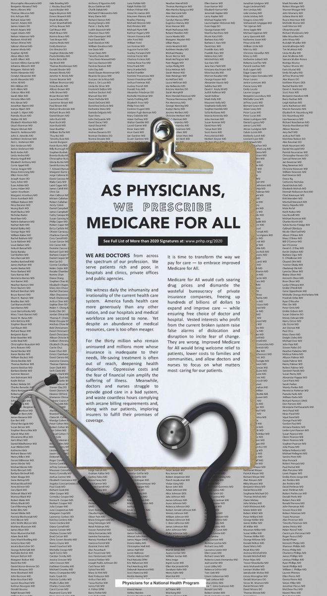 snahp_national's tweet photo. Check out the @nytimes! On January 21, 2020, more than two thousand physicians published an open letter to the public, prescribing single-payer Medicare for All in a full-page ad in The New York Times. #singlepayer #M4A https://t.co/WY1bI1OERc
