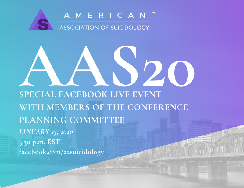 AAS is excited to host a very special Facebook Live event Thursday 1/23, at 330pmEST, w/ members of the #AAS20 planning committee. We'll be taking questions LIVE &amp; feel free to send some in now &amp; we'll make sure to answer them. 
facebook.com/aasuicidology