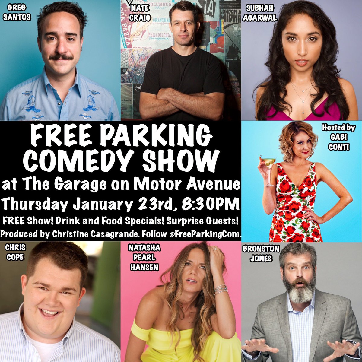 Is it Thursday yet?! Don’t miss <a href="/FreeParkingCom/">#FreeParkingComedy</a> at the <a href="/GarageMotorAve/">The Garage</a> with special guests <a href="/GregorySantos/">Gregory Vicente Santos</a> <a href="/hypeman/">natecraig.com</a> <a href="/Subhah/">Subha Halder</a> <a href="/ChrisCopeComedy/">Chris Cope</a> <a href="/NPHcomedy/">Natasha Pearl Hansen</a> <a href="/BronstonJones/">Bronston Jones</a> hosted by <a href="/ItsGabiConti/">Gabi Conti</a> and produced by <a href="/XtineBigHouse/">Christine Casagrande</a>! Grab seats at 8pm, show starts at 8:30pm!