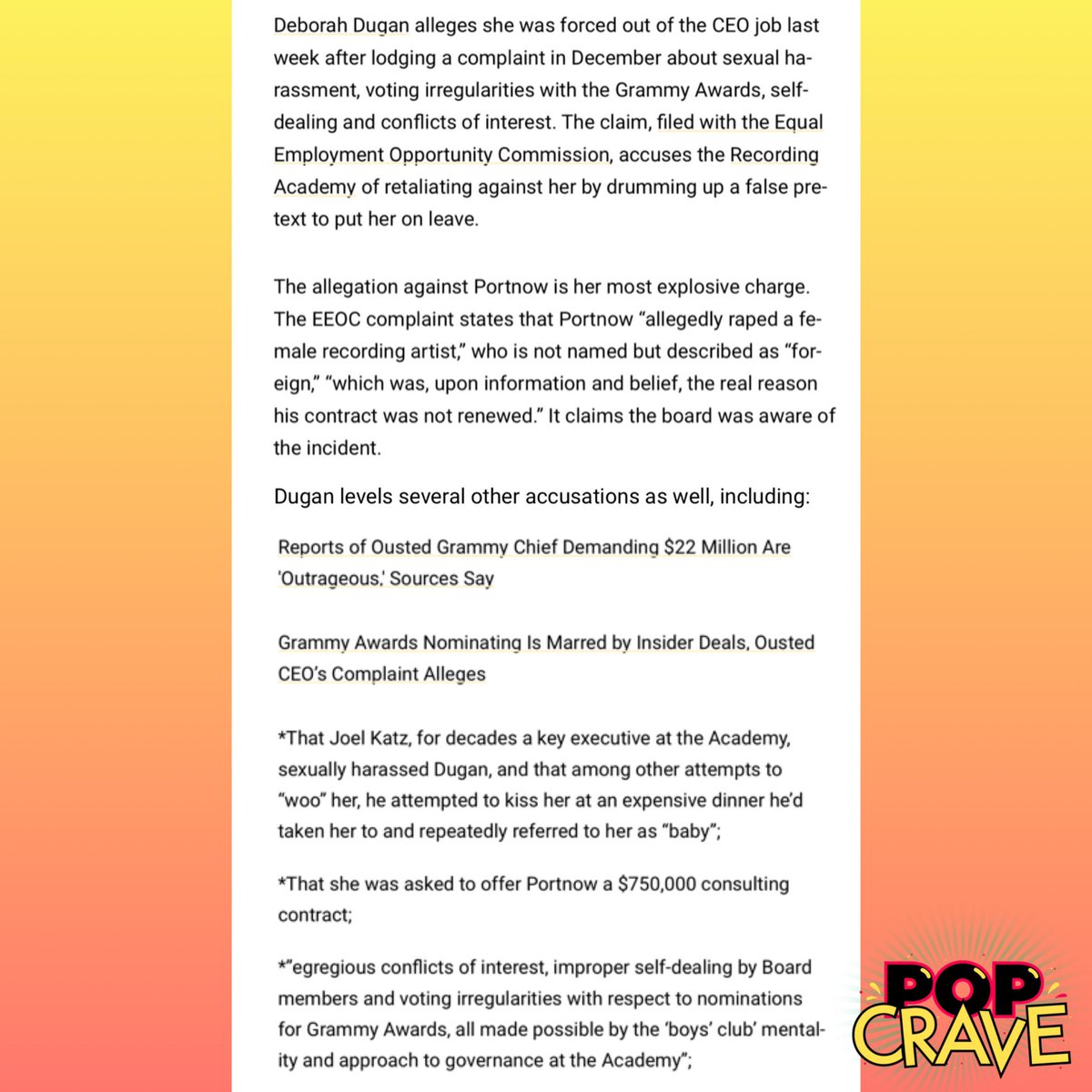 PopCrave's tweet photo. Former #Grammys CEO Deborah Dugan sues Recording Academy, @Variety reveals.

Complaint includes accusation that ex-CEO Neil Portnow sexually assaulted a female artist, that Joel Katz sexually harassed her, corruption in Grammy voting, exorbitant spending &amp; conflicts of interest. https://t.co/AmkKux9sAV