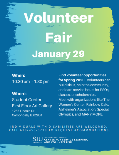 ALIAS_SIU's tweet photo. SAVE THE DATE! Wednesday, January 29th is the Volunteer Fair! Come find your Spring 2020 volunteer opportunity! Many organizations will be in the @SIUStudentCen First Floor Art Gallery from 10:30am - 1:30pm! #SIU #SIUC #SIUGetInvolved #Salukis #ThatsASaluki #Absaluki #ThisIsSIU https://t.co/mZPvpjjNPJ