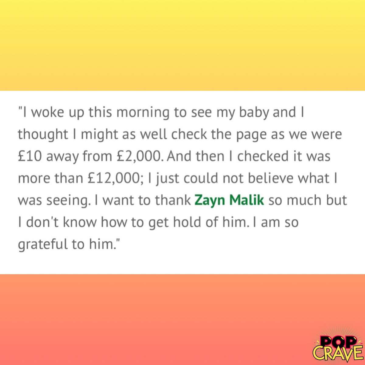 PopCrave's tweet photo. Zayn Malik has donated £10,000 to a young girl who was in need of cancer treatment. Mom responds:

"I want to thank Zayn Malik so much but I don’t know how to get hold of him. I am so grateful to him." https://t.co/KPDH2TMR5N