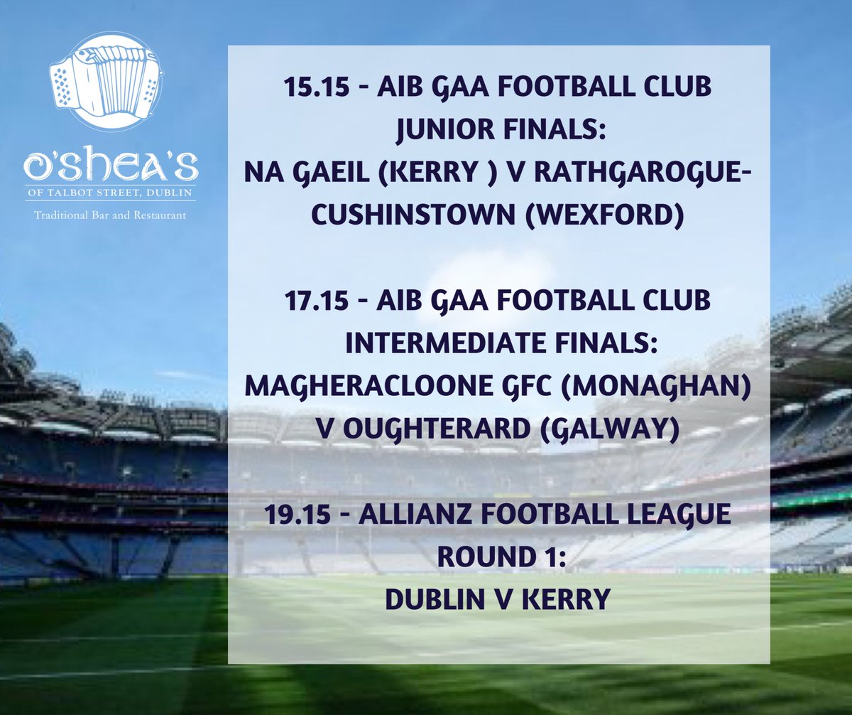 HotelOSheas's tweet photo. This Saturdays Triple Header!
Followed by live cráic ‘n’ ceoil! ☘️
Bígí Ann. https://t.co/atdA7tkqH5
