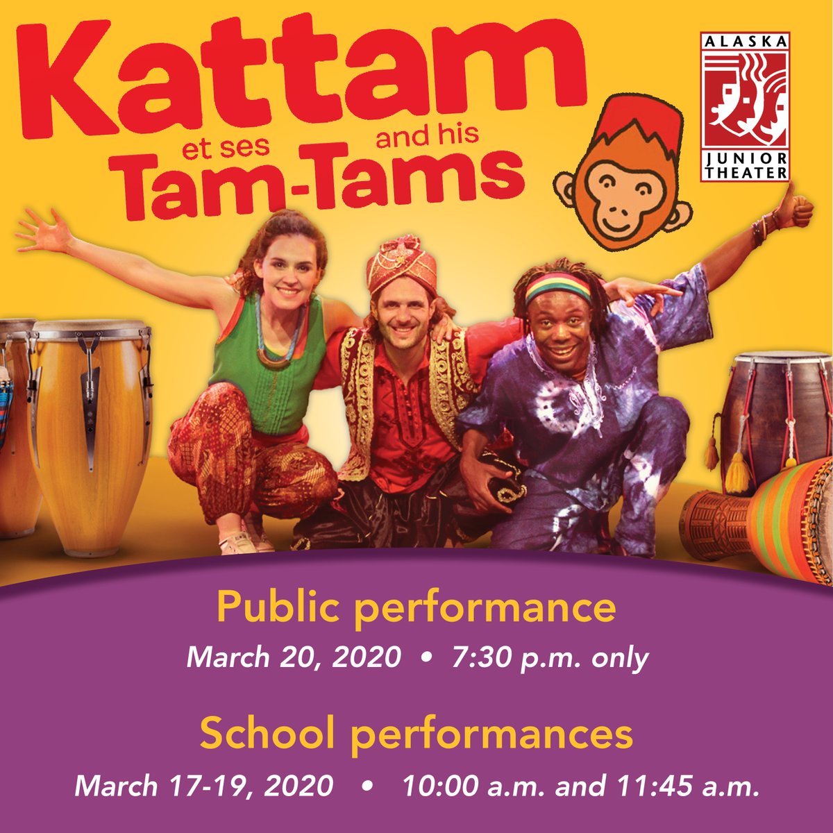 Can you hear that? It's Kattam and his Tam-Tams coming to a stage near you! Purchase your tickets online at bit.ly/2RyTz9C or 263-ARTS, or you can call 272-7546 for more information.
#AlaskaJuniorTheater #thingstodoinAlaska #Anchorage #Alaska