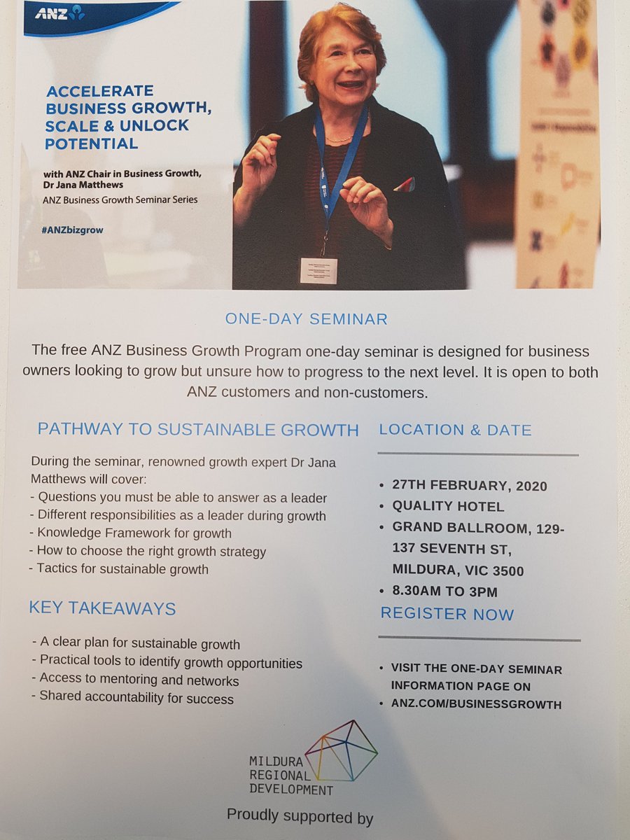 ANZ have organised a seminar dedicated to the growth of your business! This seminar is FREE! Spend 1 day with Dr Jana and be inspired by the wealth of knowledge and ideas you will leave with. 
What an amazing opportunity for you and your business!!