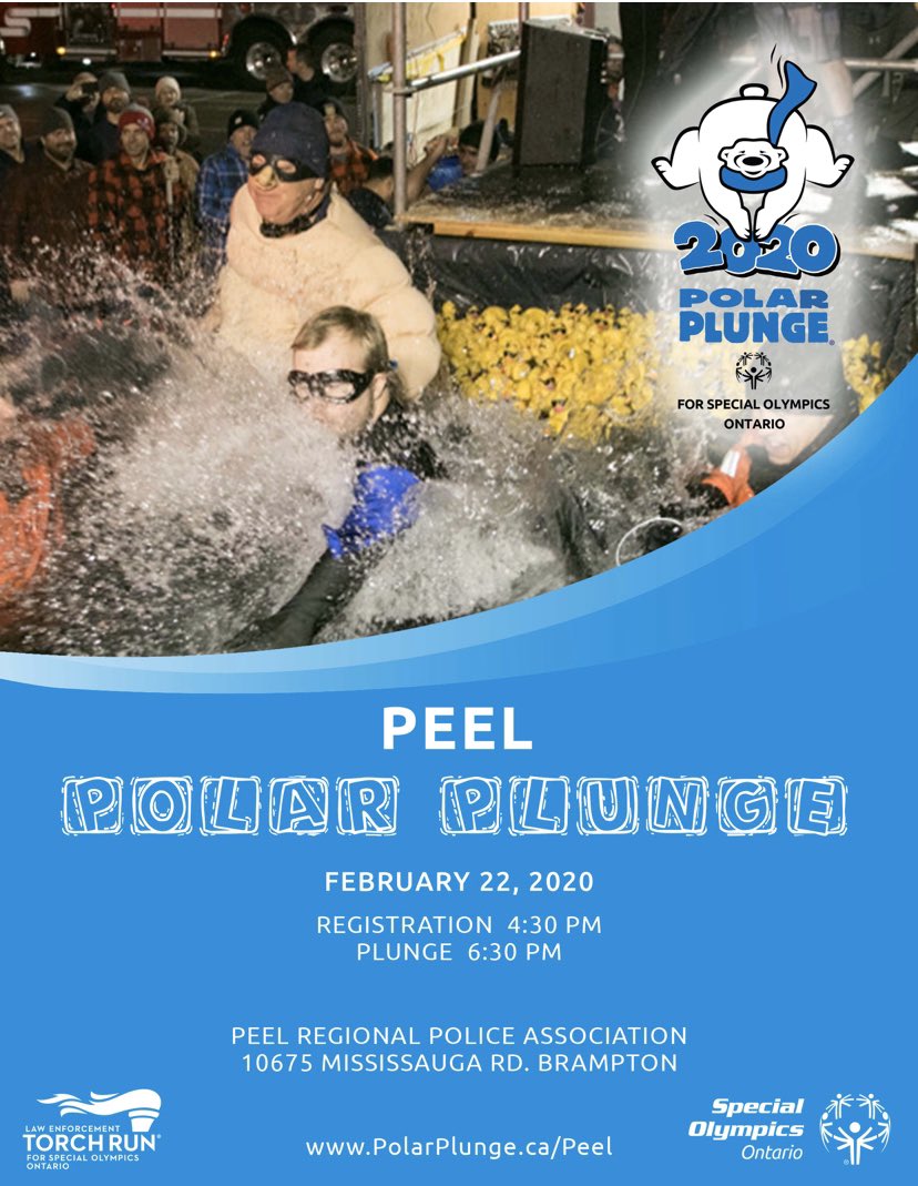 Register now polarplunge.ca/plunges/peel/ Join us for the Peel Police Polar Plunge on February 22 in support of <a href="/SOOntario/">Special Olympics Ontario</a> ! 
<a href="/torchrunontario/">Torch Run Ontario</a> #freezinforareason <a href="/MissiNewsRoom/">The Mississauga News</a> <a href="/BmptGuardian/">Brampton Guardian</a> <a href="/patrickbrownont/">Patrick Brown</a> <a href="/ChiefNish/">Chief Nishan Duraiappah</a> <a href="/DeputyAndrews/">Deputy Chief Marc Andrews</a> @StaffSuper840 @Supt1384 <a href="/RadRosePRP/">Rad Rose 🍁 (Ret.)</a>