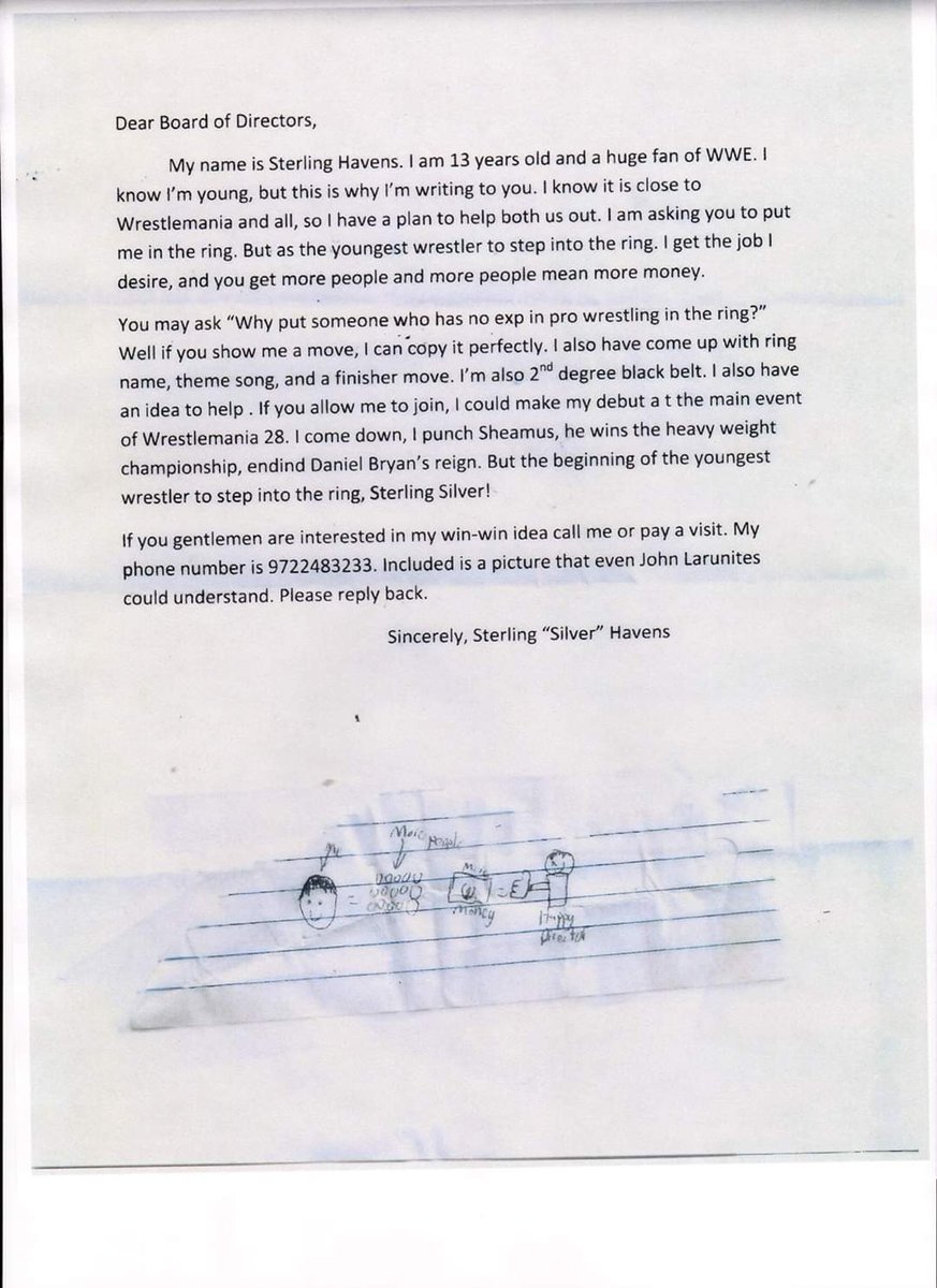 DFW_ALL_PRO's tweet photo. One of our students, Sterling Havens, passed away 2 weeks ago from a hit and run. He was only 22 and was loved by all. His mother found this letter he wrote to the @WWE at the age 13! What a terrible lost ๐ญ
@TripleH @JohnCena @VinceMcMahon @StephMcMahon https://t.co/Mp4zHf49NZ