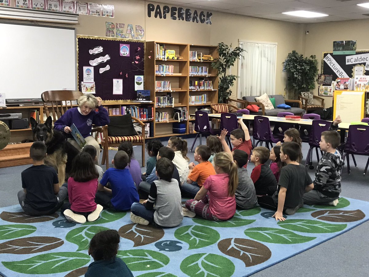 flying_jenny's tweet photo. @alastairheim , Our Redbud Read-Aloud kickoff w/1st gr. Guests Mrs. Osborne, Mrs. Wittenborn, N’Kai, &amp; Lillie @MESLibraryOK Mrs. Witt went over safety around dogs. Mrs. Osborne read Alastair Heim’s “The Great Puppy Invasion”, which won the 2019 Redbud Read-Aloud Award! https://t.co/kVE1nA2sKJ