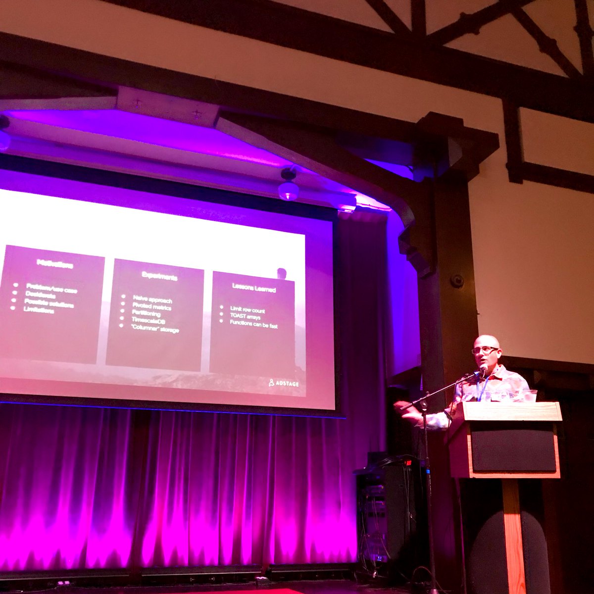 G Gordon Worley on stage at #PgDaySF talking about timeseries data and Postgres