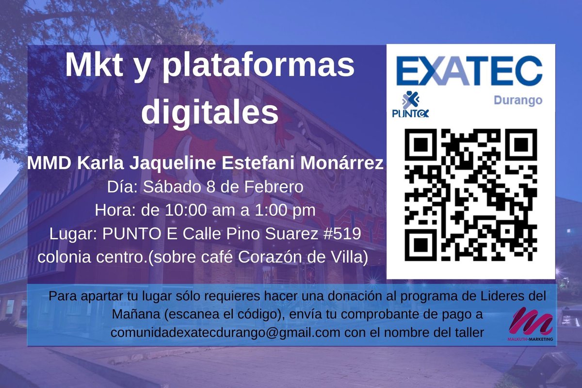 exatecdurango's tweet photo. Este año comenzamos apoyando el programa de Lideres del Mañana #LDM del #TecDeMonterrey y el desarrollo profesional y personal de los #EXATEC de #Durango con cursos y talleres.

¡Te invitamos a ser parte de la iniciativa! https://t.co/tPnKv420Wg