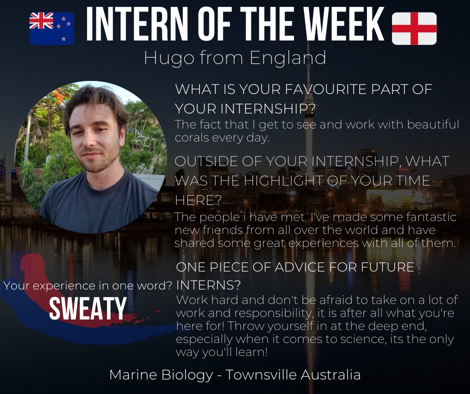 intern_nzoz's tweet photo. Hugo from England is our Intern of the week! 😊
He is doing his Marine Biology Internship in Townsville, Australia.

Thanks for sharing with us!! https://t.co/gWSPWJVQpK