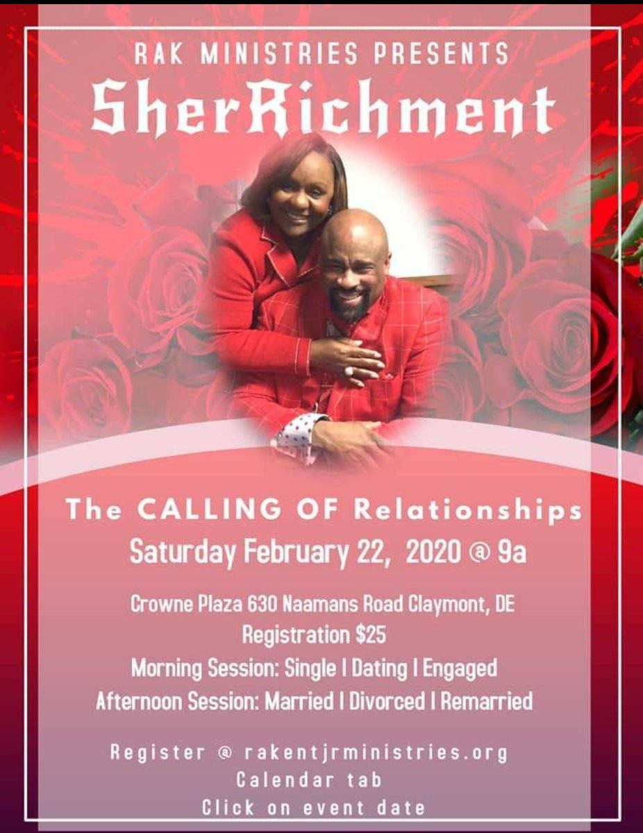 GeraldRayJr2's tweet image. 🗣(((LISTEN)))
If you're single, dating, engaged, married, divorced or remarried YOU, YOU &amp;amp; your SPOUSE, YOU &amp;amp; your FIANCEE, YOU &amp;amp; your SIGNIFICANT OTHER  NEED to make it your business to ATTEND SherRichment, The CALLING of Relationships.
rakentjrministries.org