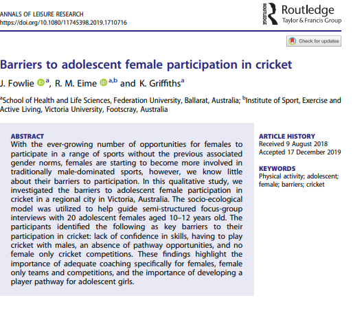 Barriers to adolescent female participation in cricket. "Some of the boys don't let us play because we are girls." tandfonline.com/doi/pdf/10.108…. <a href="/jenna_fowlie/">Jenna Fowlie</a> #SportParticipation