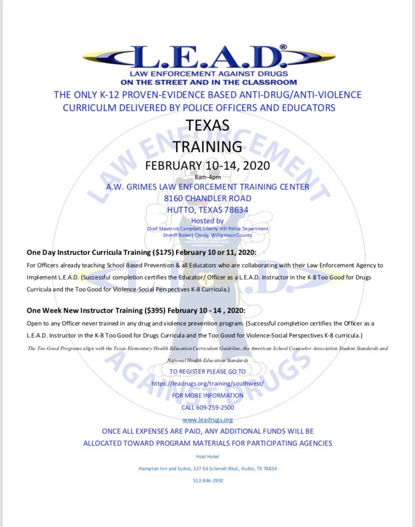 Great training opportunity dealing with drugs and violence on the street and in the classroom. It will be hosted by my friends <a href="/ChiefCampbellSr/">Chief CampbellSrLHPD</a> and @SheriffChody 

See below for details.