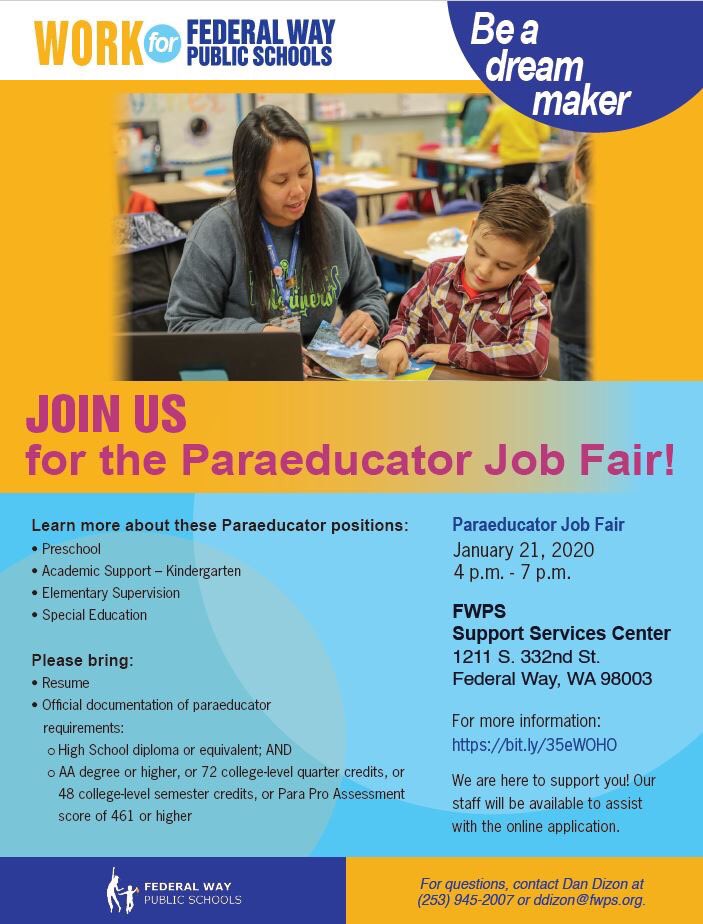 FWPS210's tweet photo. Join us TODAY until 7pm for the Paraeducator (teaching assistant) Job Fair! More about positions here https://t.co/szKT43znpX. #FWPSCareers #WaEdu #PublicEd https://t.co/keFx8JO752