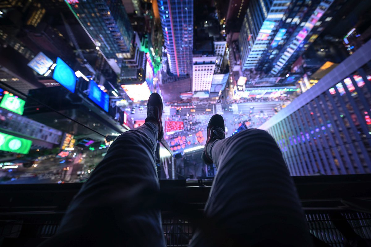 High above Times Square watching the colors light up