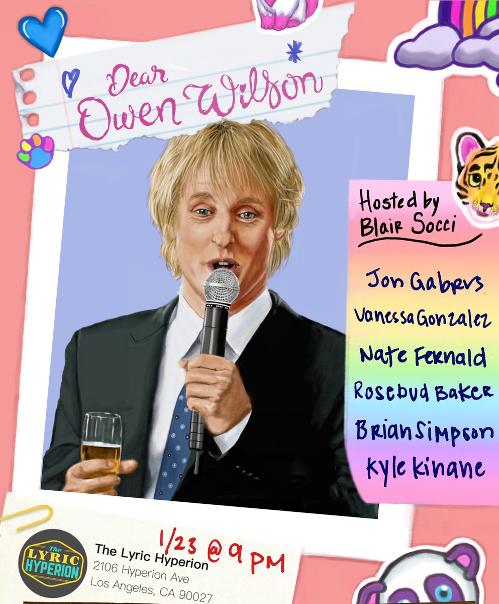 dearowenwilson's tweet photo. Join the party on THURSDAY!!! As comedians read letters to celebrities they love followed by wild interviews. 👾 Feat: @Gabrus @Buhnessa @natefernald @rosebudbaker @bscomedian @kylekinane

Thurs 1/23, 9pm. @LyricHyperion
https://t.co/1sAM3hNVHp https://t.co/E33zzjDQfB