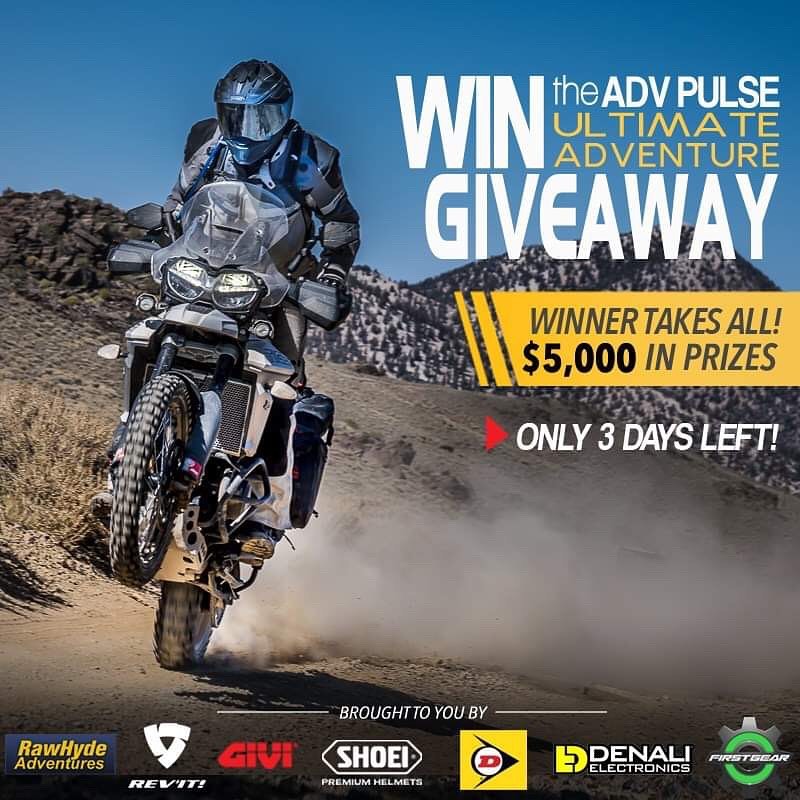 ADVPulse's tweet photo. It's last call! Just 3 days left before it all ends! A treasure trove of premium #ADVRider Gear and an all-inclusive #OffRoadTraining weekend are up for grabs. To enter the #Sweepstakes click the ➡️ LINK in our bio or go to https://t.co/cDzRhmYNC6 https://t.co/DYAyuhzbGX
