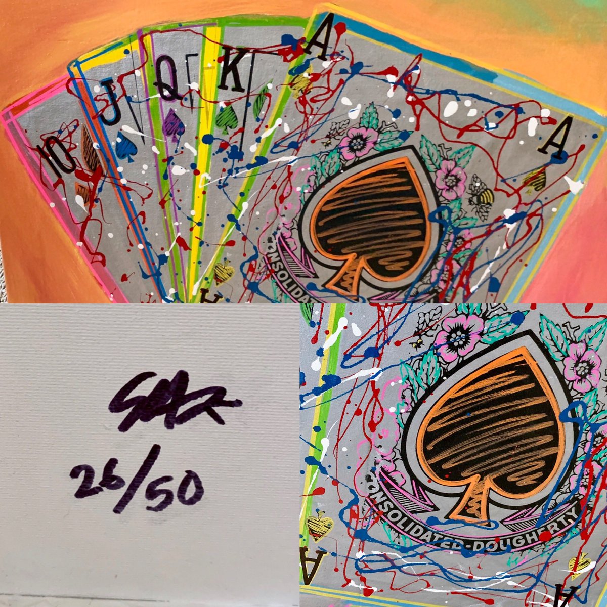 lopezfoundation's tweet photo. Last chance to bid on a Royal Flush Pollock Style 14" X 20” painting signed by SAK on #Charitybuzz https://t.co/KYZ9KoTBO6 #GiveBack #GeorgeLopez #BritneySpears #GeorgeLopezGolf #GLopezParty #GeorgeLopezCharityFDN #kidneydisease #organdonation #donatelife https://t.co/n1sHMSbqVl