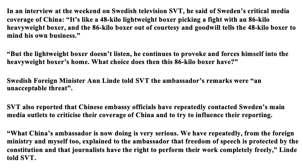 The Communist Party is such a bunch of thugs & bullies. Read the comments the Chinese ambassador to Sweden recently made, resulting in his being summoned by the Swedish foreign ministry. & this after China kidnapped a Swedish citizen in Thailand. hongkongfp.com/2020/01/22/swe…