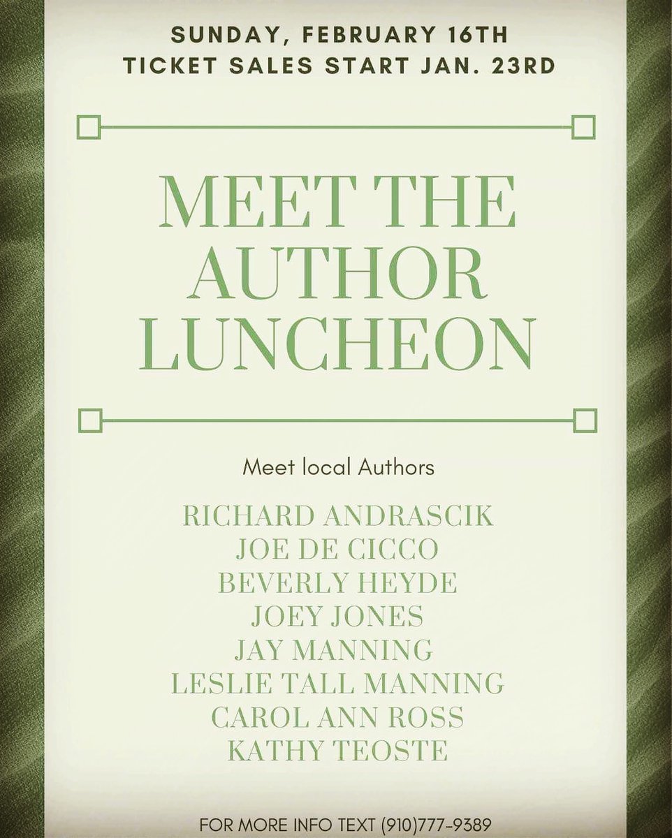 JoeyJonesWriter's tweet photo. Tickets go on sale at Surf City Gifts (next to IGA) on Jan. 23. Only 40 available. Get yours early and meet some of the areas best authors. The event will be held at Surf City Gifts (Surf City, NC).
#meettheauthor #easternNCauthors #authorlife #localauthors #readlocal #theauth https://t.co/LeaQKuCEZU
