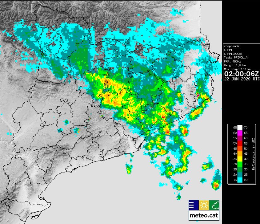 meteocat's tweet photo. A Santa Coloma de Farners s'han acumulat 18.4 en 30 minuts, 3,6mm dels quals en 1 minut.
Així tenim la situació a hores d'ara 👇 https://t.co/uzyo1Tbtml