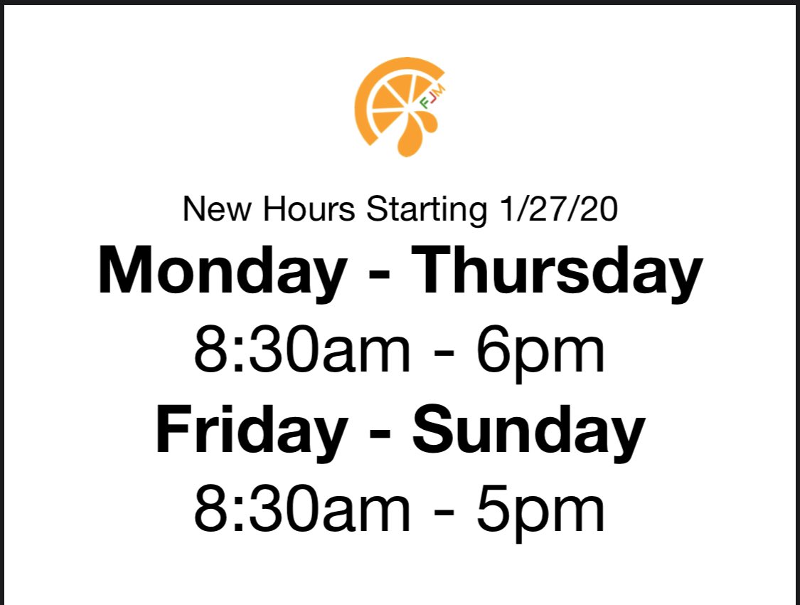 FreshJuiceMe's tweet photo. New Hours Coming 1/27/20 https://t.co/PdS4rdB0PW