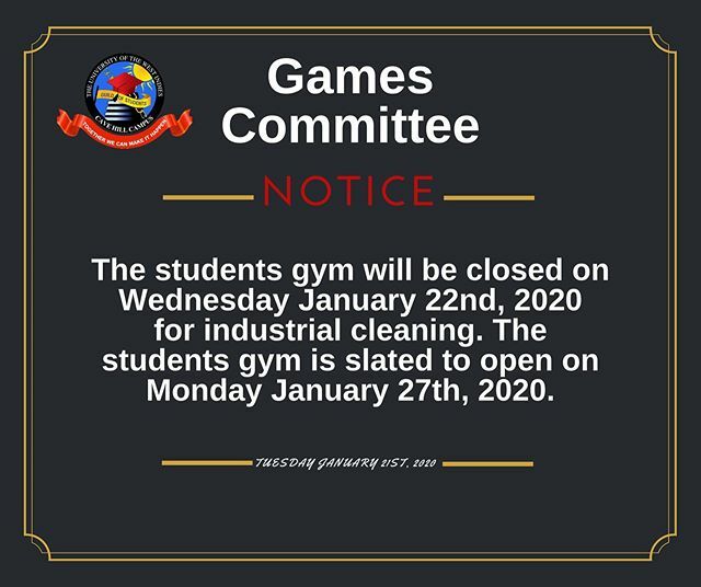 cavehillguildg1's tweet photo. The students gym will be closed on Wednesday January 22nd, 2020  for industrial cleaning. The students gym is slated to open on Monday January 27th, 2020. https://t.co/cfH7G7mfeL https://t.co/8SFb2yhWmk