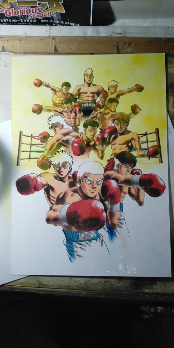 森川ジョージ على تويتر カラー原稿のできるまで 続き マスキングフィルム貼り付け完了 エアブラシで黄色をシュー アクリルカラーのボトル入りを見つけたので水に溶かなくてよくなって楽になった 濃い目の黄色をシュー 茶系の色をシュー 続く