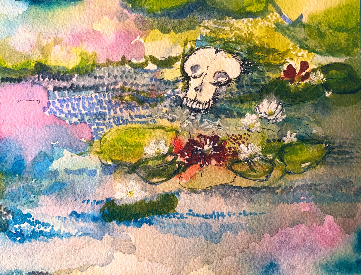 FGrossnicklaus's tweet photo. Green haired girl, floating amongst the lilies - tangled in tapers. Flesh picked away by her soundings, small creatures of the swamp. 
They say the swamp is haunted. I’ll dare the waters, untangle you. Legs in your rib cage,  arms behind your back. Pieces, till you’re whole. https://t.co/uFRwjoAAZl