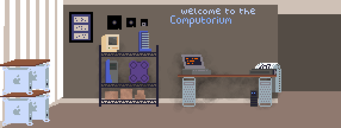 DangerCobraM's tweet photo. I made a picture of Cobra's Computorium on the train to Montréal for @syncnyc! #demoscene #SGI #PowerPC #dotmatrix #zipdisk #punchcard #pixelart #aseprite

(the real computorium is not this tidy :) https://t.co/cFVd6JYcSu