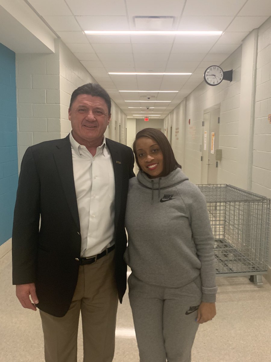 MCD35FOOTBALL's tweet photo. Coach O stopped by to say Happy Birthday to Ms Allen-Lewis and told her Geaux Tigers !! https://t.co/NpC1wI1qID