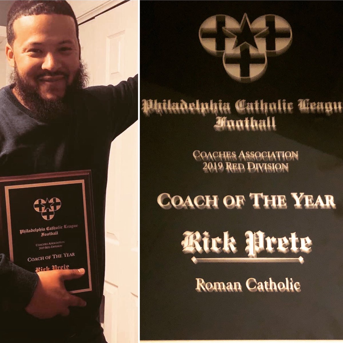 RomanCatholicHC's tweet photo. (Wife made me take this photo) 😂 but thankful for her and my kids daily support. Honored to accept this award as a reflection of the work our young men, coaches and administrators @ Roman Catholic have put in. Salute to the entire PCL, all players and coaches. #RiseUp⚔️💜💛 https://t.co/TwXGEN2iMd