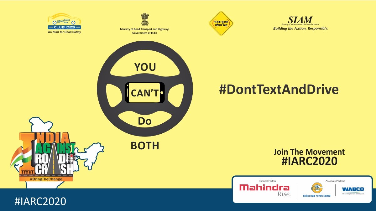 ClubD2S's tweet photo. #Drexting could get you killed!
Texting while driving is 6 times riskier than drunk driving.
Keep your #mobile phone away while driving.
Follow the #RoadSafety rules and help make our roads safer.
https://t.co/nmD8CoYGtB
#IARC2020 #IndiaAgainstRoadCrash #BringtheChange
@WABCO https://t.co/jbn8xK6XRc