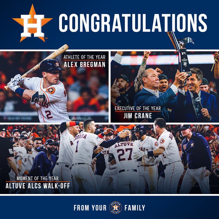 astros's tweet photo. Tonight’s @HOUsportsAwards honored three #Astros! 

Executive of the Year: Jim Crane
Athlete of the Year: @ABREG_1 
Moment of the Year: @JoseAltuve27 https://t.co/bQ8OUD9pI2