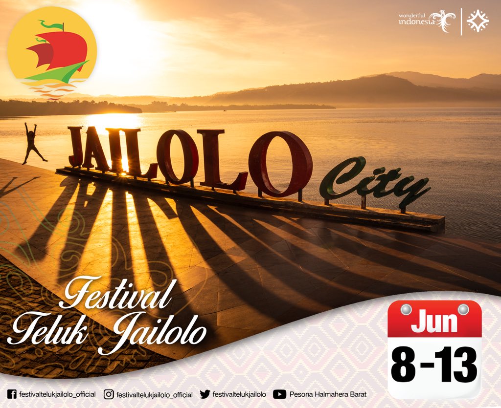 TelukJailolo's tweet photo. Festival Teluk Jailolo kembali terpilih masuk dalam Calender of Events 2020 #kemenparekraf 
Catat tanggalnya dan rencanakan kunjungan di #festivaltelukjailolo 8-13 Juni 2020.
#festivaltelukjailolo #wonderfulindonesia #pesonaindonesia #pesonabudayakepulauanrempah https://t.co/MOFTAQNHFO