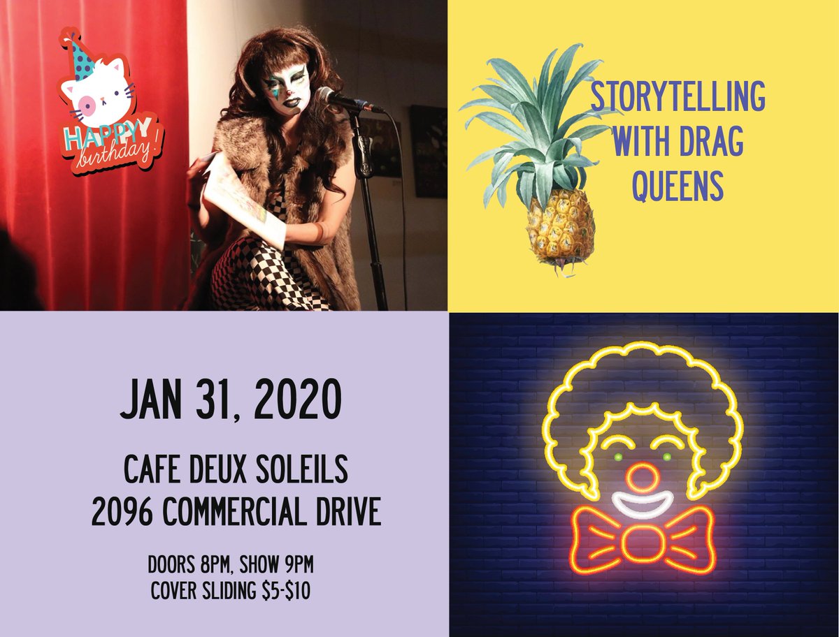 icoaat's tweet photo. Join us for the next version of Storytelling with Drag
Theme: Satanix's Birthday at Cafe Deux Soleils 2096 Commercial Drive Doors 8pm, Show 9pm $5 cover! RSVP https://t.co/dOJ6hLP2kf Featuring the amazing Satanix, Tara Beladi, Delica Cee and Candie come help us party it up! https://t.co/977Yc9lMEu