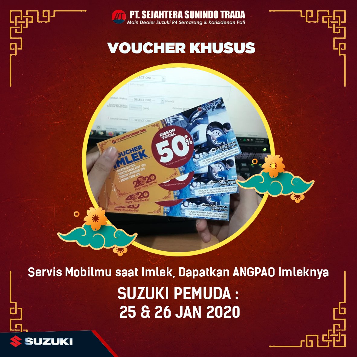 InfoSuzukiSmg's tweet photo. Yuk Service di Suzuki Pas Imlek
Bisa bawa Pulang Voucher 50% lho..
Agendakan Liburan Imlek anda bersama Benkel Resmi Suzuki.. Kapan Lagi Bisa dapat Voucher diskon
#servis #suzuki https://t.co/3SwCj6wRaq