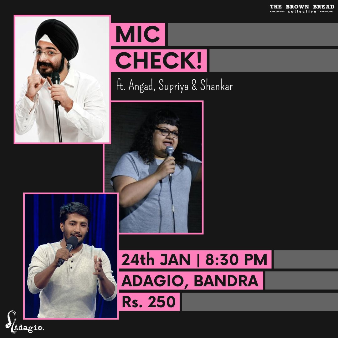 thebbcollectiv's tweet photo. Mic Check is a show where seasoned comics try some new, raw and potentially hilarious jokes! This edition of Mic Check will be featuring @PiratedSardar, @supaarwoman, @ShankarChugani & Neil Balthazar.
Book your tickets here: https://t.co/E1Og6xoNr9
#TheBrownBreadCollective https://t.co/juA4BpVGac