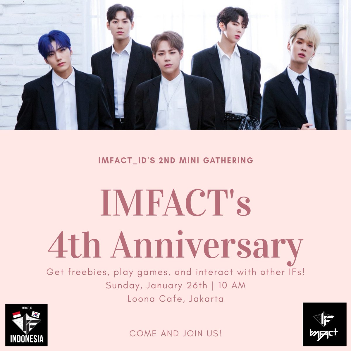 IMFACT_ID's tweet photo. HALO IF!
Masih ingat kan tanggal debut IMFACT? Untuk merayakan anniversary IMFACT yang ke-4, IMFACT_ID akan mengadakan mini gathering lagi lho!๐๐๐
Yuk ikut dan main games + dapatkan freebies yang pastinya bagus-bagus!๐
#IMFACT #Jian #Jeup #Taeho #LeeSang #Ungjae https://t.co/4lKkHDTObu