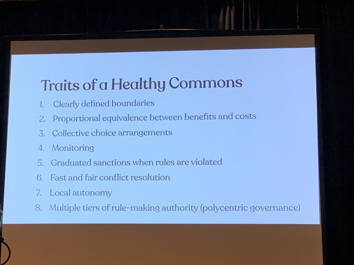 Traits of a healthy commons. Clearly defined boundaries; proportional equivalence between benefits and costs; collective choice arrangements; monitoring; graduated sanctions when rules violated; fair and fast conflict resolution; local autonomy; multiple tiers of rule-making authority